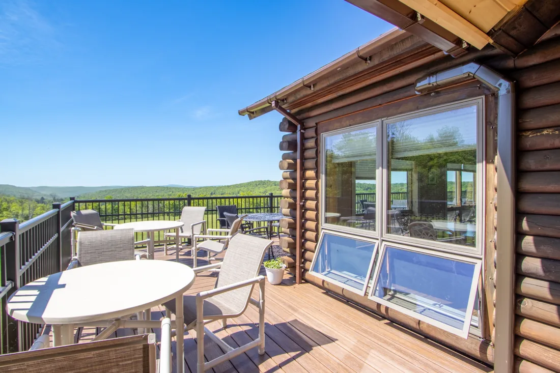 Outdoor deck seating with mountain views